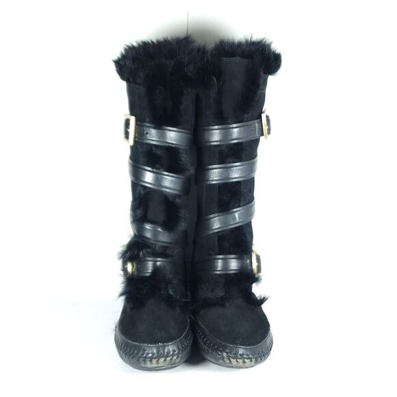 Tory Burch Women's Jaden US8 Black Rabbit Fur Lined Leather Suede Winter Boots - Picture 3 of 16